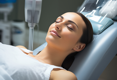 Woman leaning back in the dental chair with her eyes closed